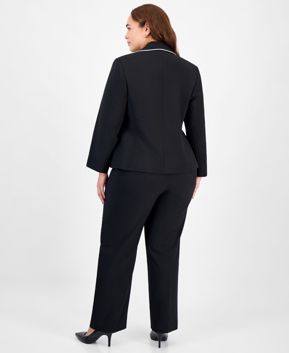 Le Suit Plus Size Piping-trim Peak-lapel Pantsuit Set In Black
