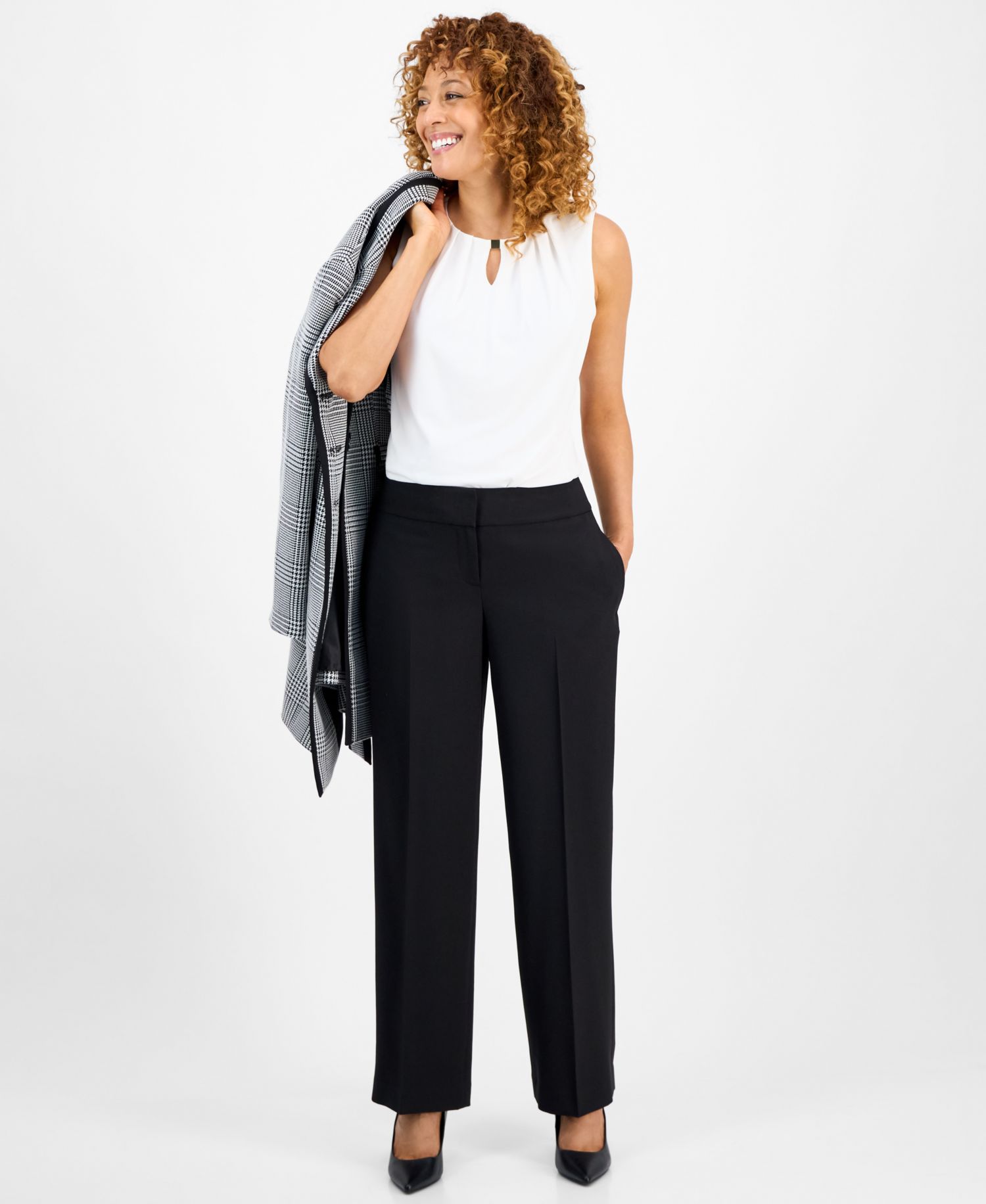 Women's Framed Plaid Belted Wide-Leg 2 Piece Pantsuit, Regular & Petite