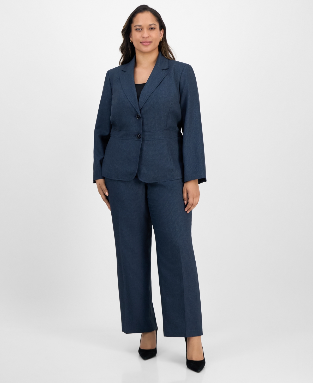 Plus Size Notched Collar Wide-Leg Pantsuit - Midnight Navy Multi