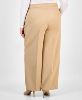 Plus Size Twill High-Rise Pleated Wide-Leg Pants