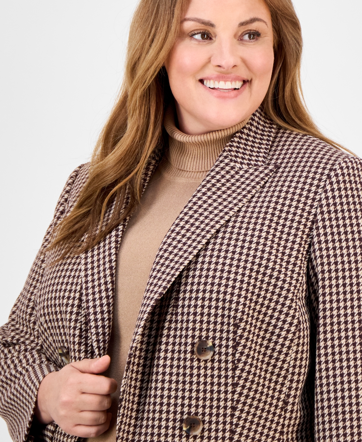 Anne Klein Plus Size Houndstooth Blazer In Brown
