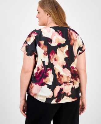 Plus Size Floral-Print Cowlneck Top