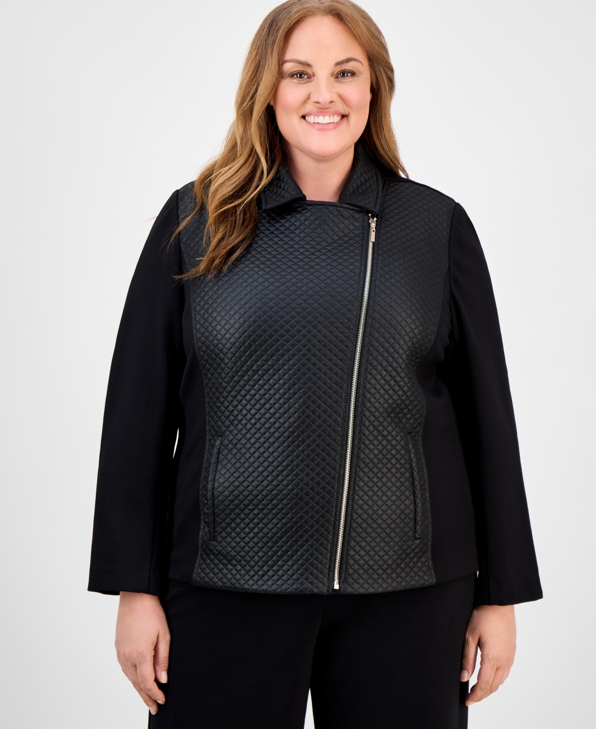Anne Klein Plus Size Quilted Moto Jacket In Black