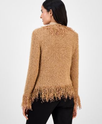 Women's Collarless Open-Front Fringe-Trim Cardigan 