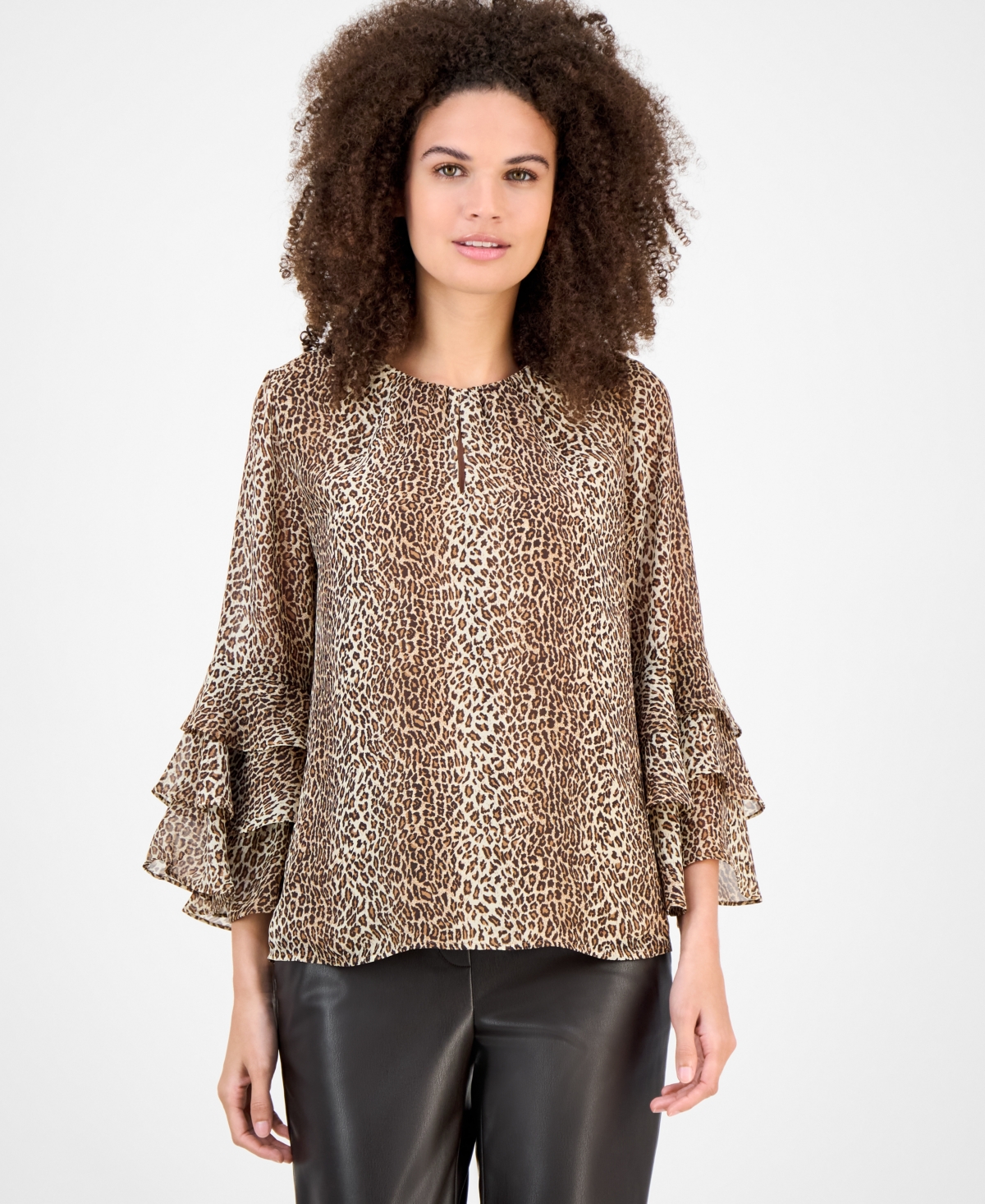 Anne Klein Women's Printed Ruffle-cuff 3/4-sleeve Blouse