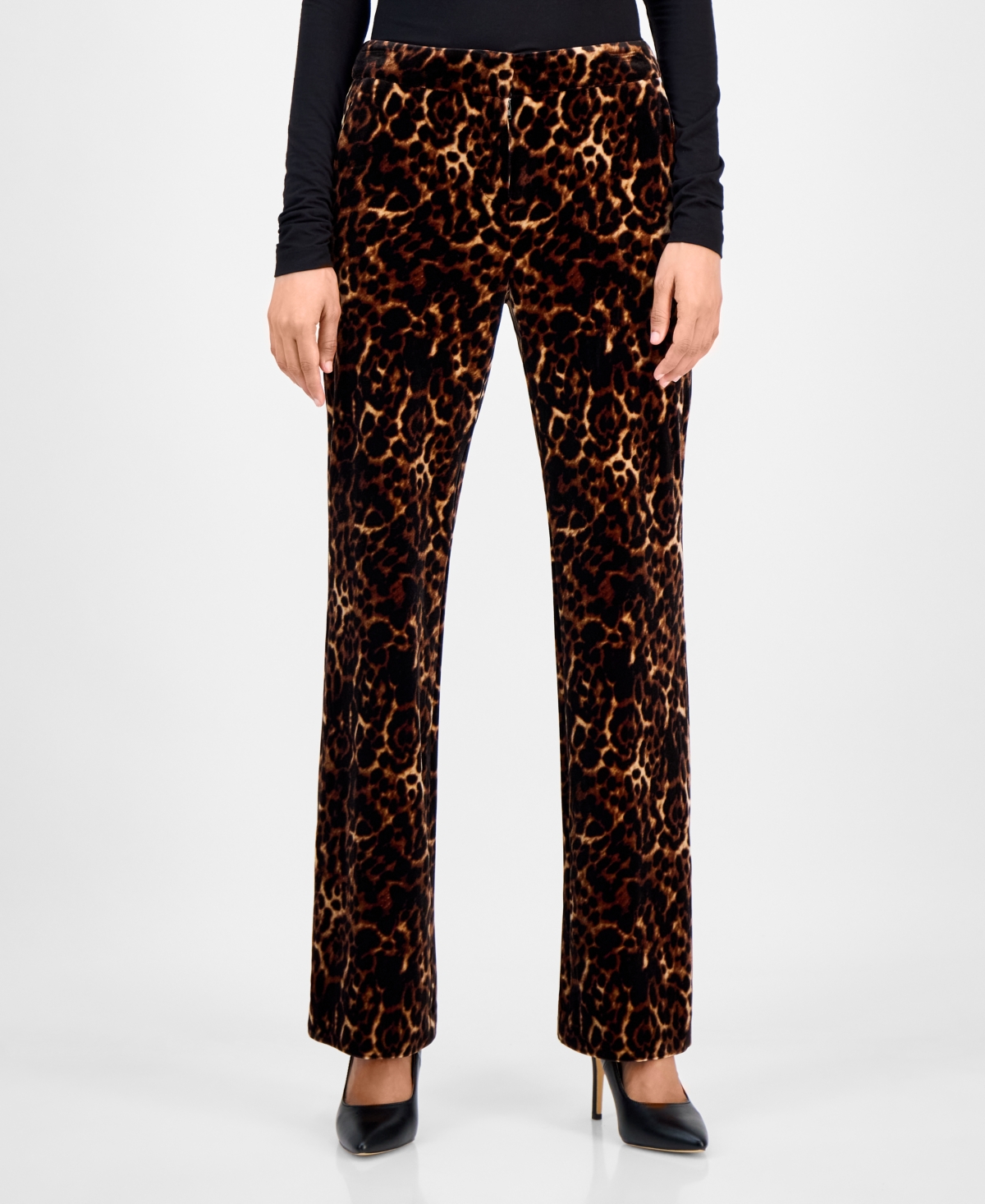 Anne Klein Womens Printed Velvet Flare Leg Pants 0p 16 In Brown