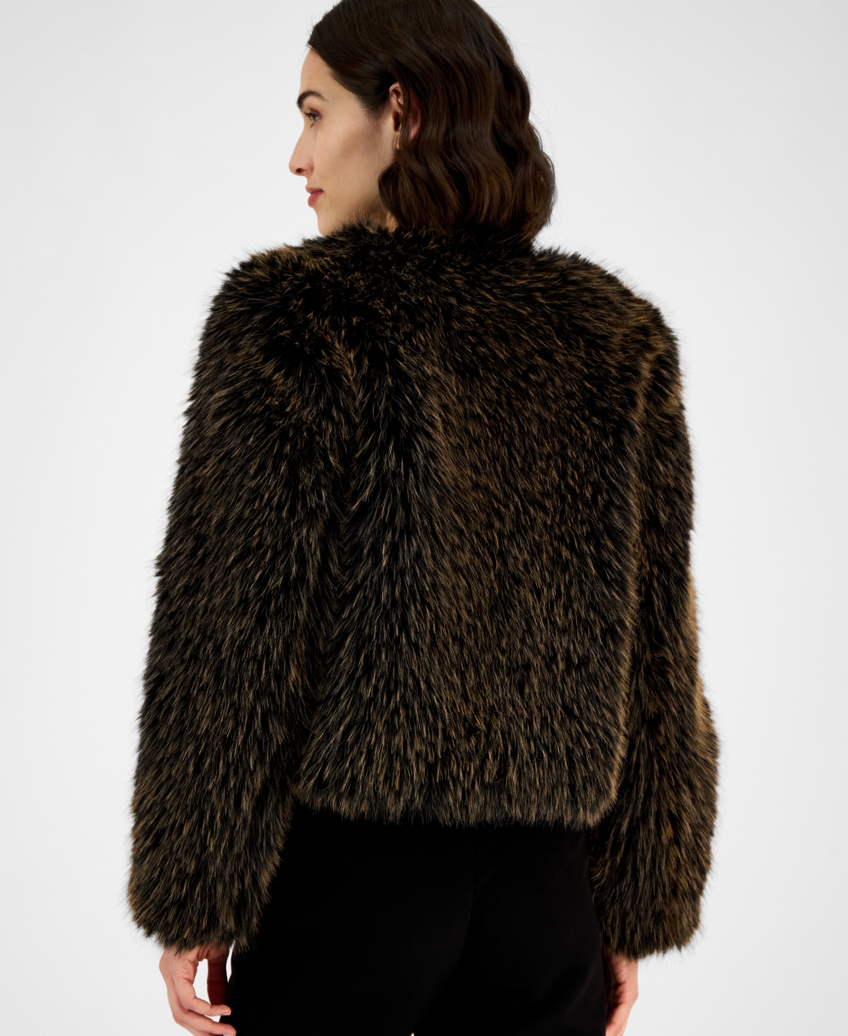 Anne Klein Womens Cropped Faux Fur Jacket P Xxs Xxl In Brown