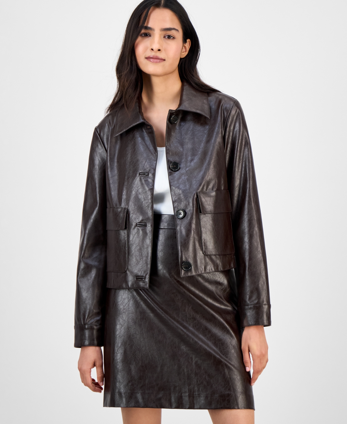 Anne Klein Women's Faux Leather Front-button Jacket In Brown