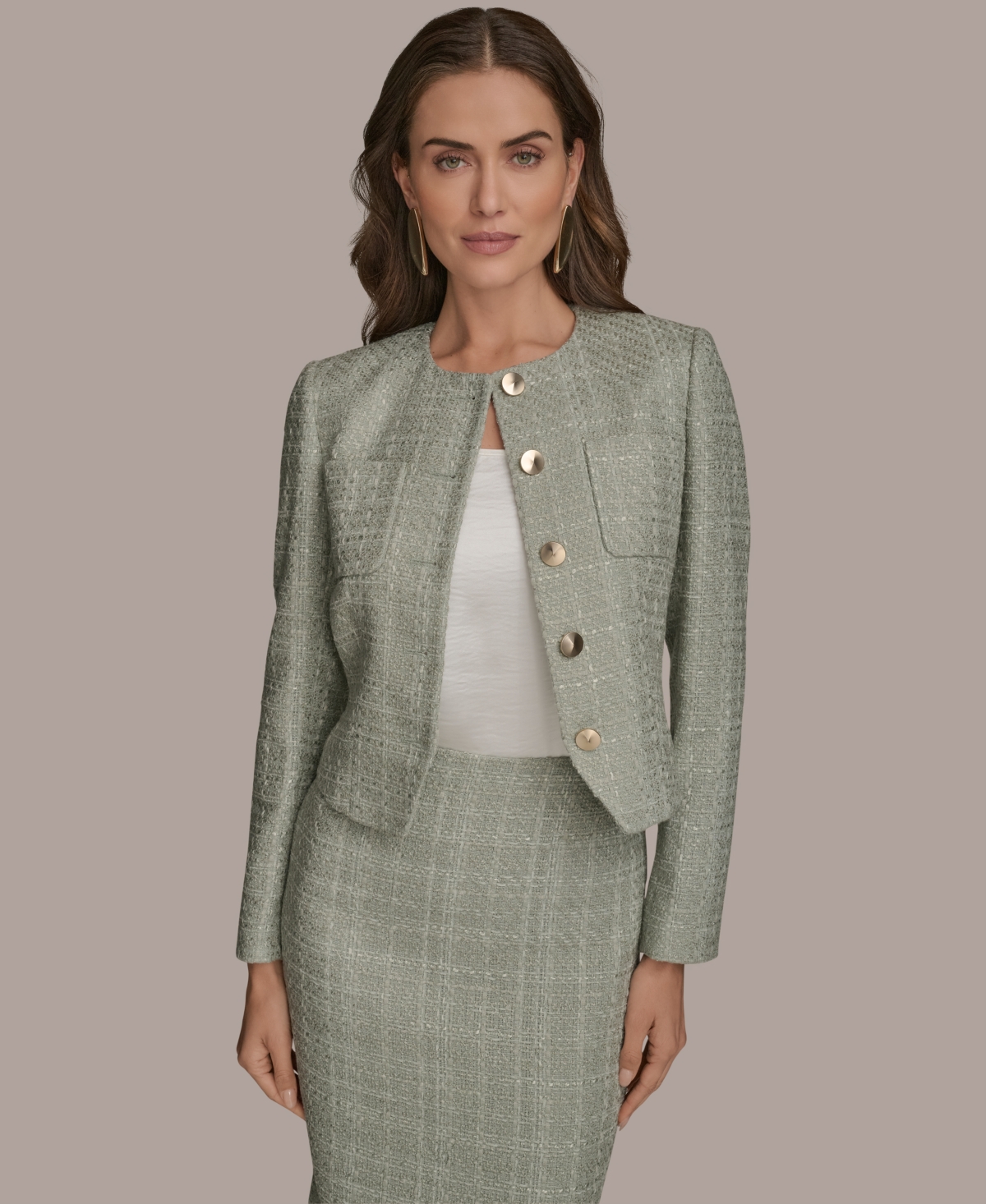 Women's Collarless Tweed Jacket - Weathered Sage