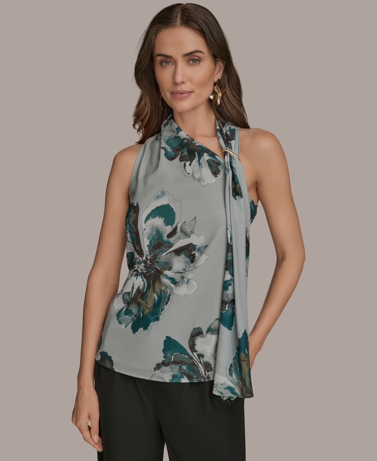 Women's Sleeveless Printed Scarf Top - Weathered Sage Multi