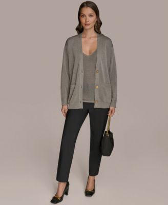 Women's Long-Sleeve Metallic Three-Button Cardigan Sweater