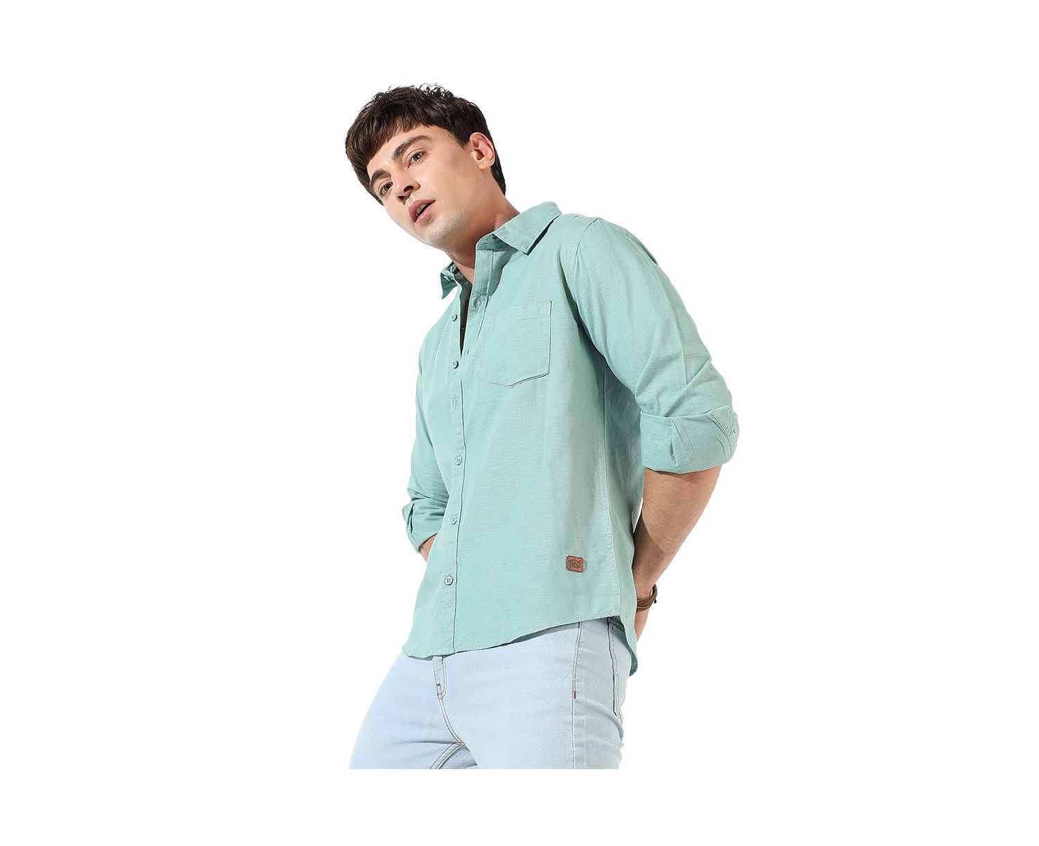 Men's Solid Aqua Green Regular Fit Casual Shirt