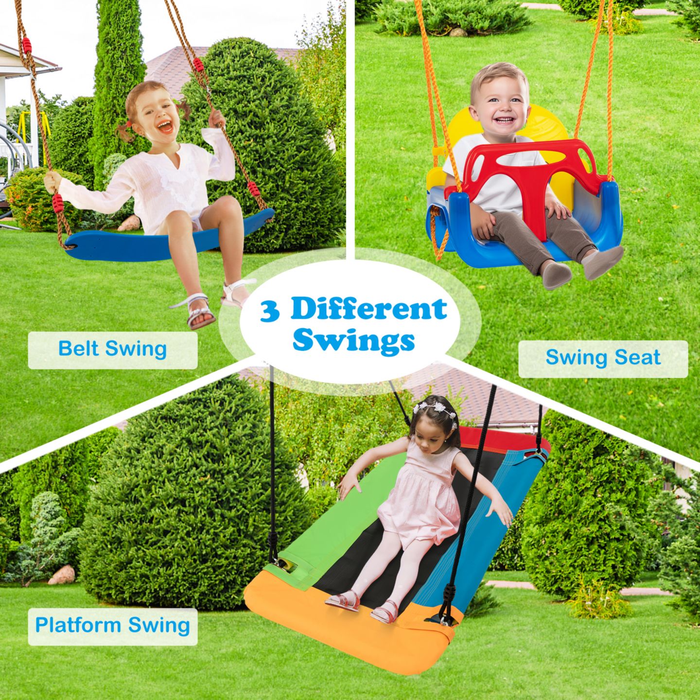 Детские игрушки Gymax 3-in-1 Kids Carbon Steel Adjustable Swing Set, 660 Lbs, Ages 3-10, цвет: Жёлтый синий — фото 4