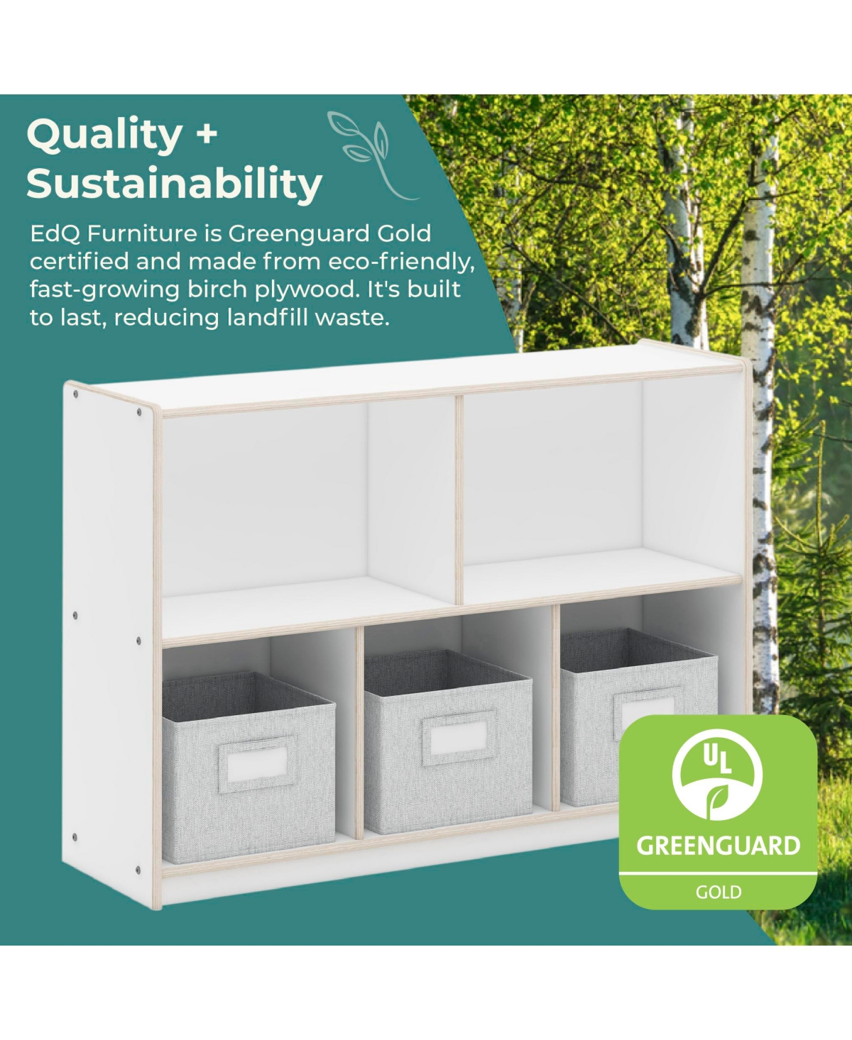 Guidecraft EdQ 2-Shelf 5-Compartment Storage 30" - Natural: Kids' Wooden Classroom Bookshelf, Art and Craft Supply Furniture with Bins