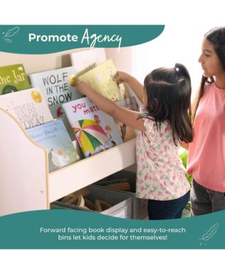 EdQ Book and Bin Browser - Natural: Children's Tall Wooden Bookshelf to Display and Organize Kids' Books in Playroom