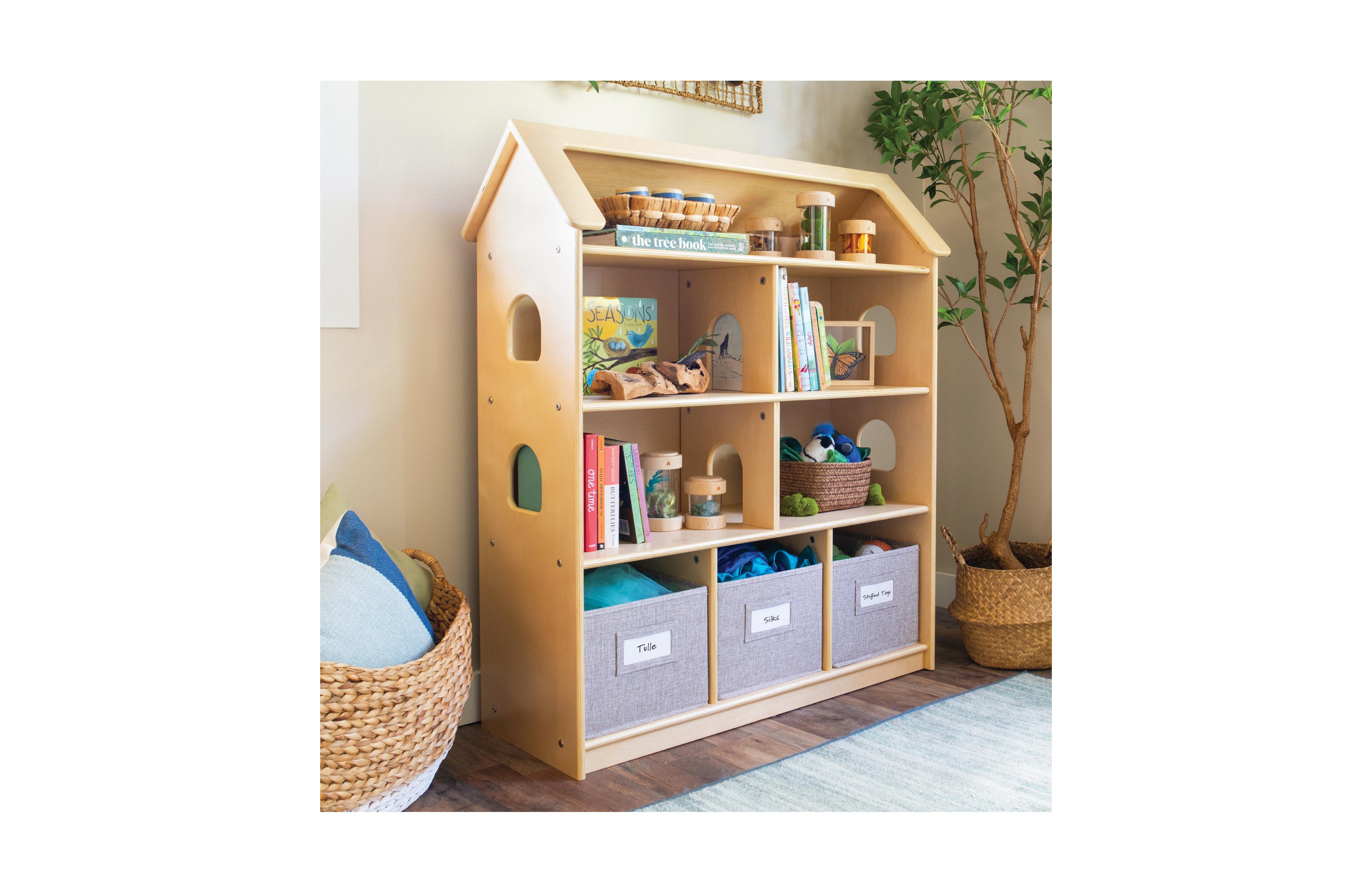Guidecraft EdQ Dollhouse Bookshelf - Natural: Wood Kids' Pretend Play Furniture for Playroom and Classroom with Bins for Toys and Dolls