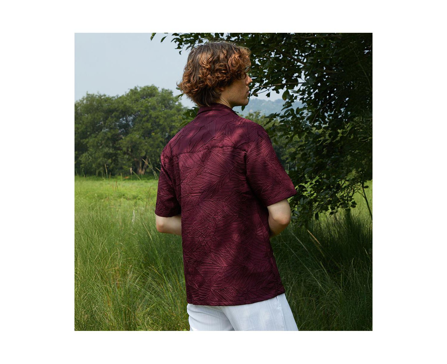 Men's Wine Red Foliage-Tactile Shirt