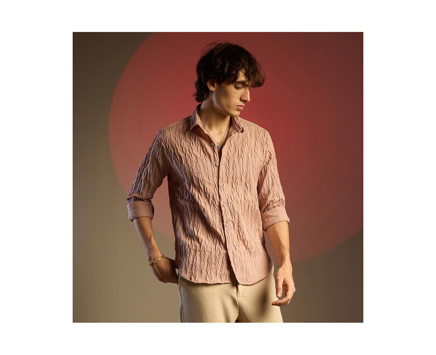 Men's Salmon Pink Grain-Textured Shirt
