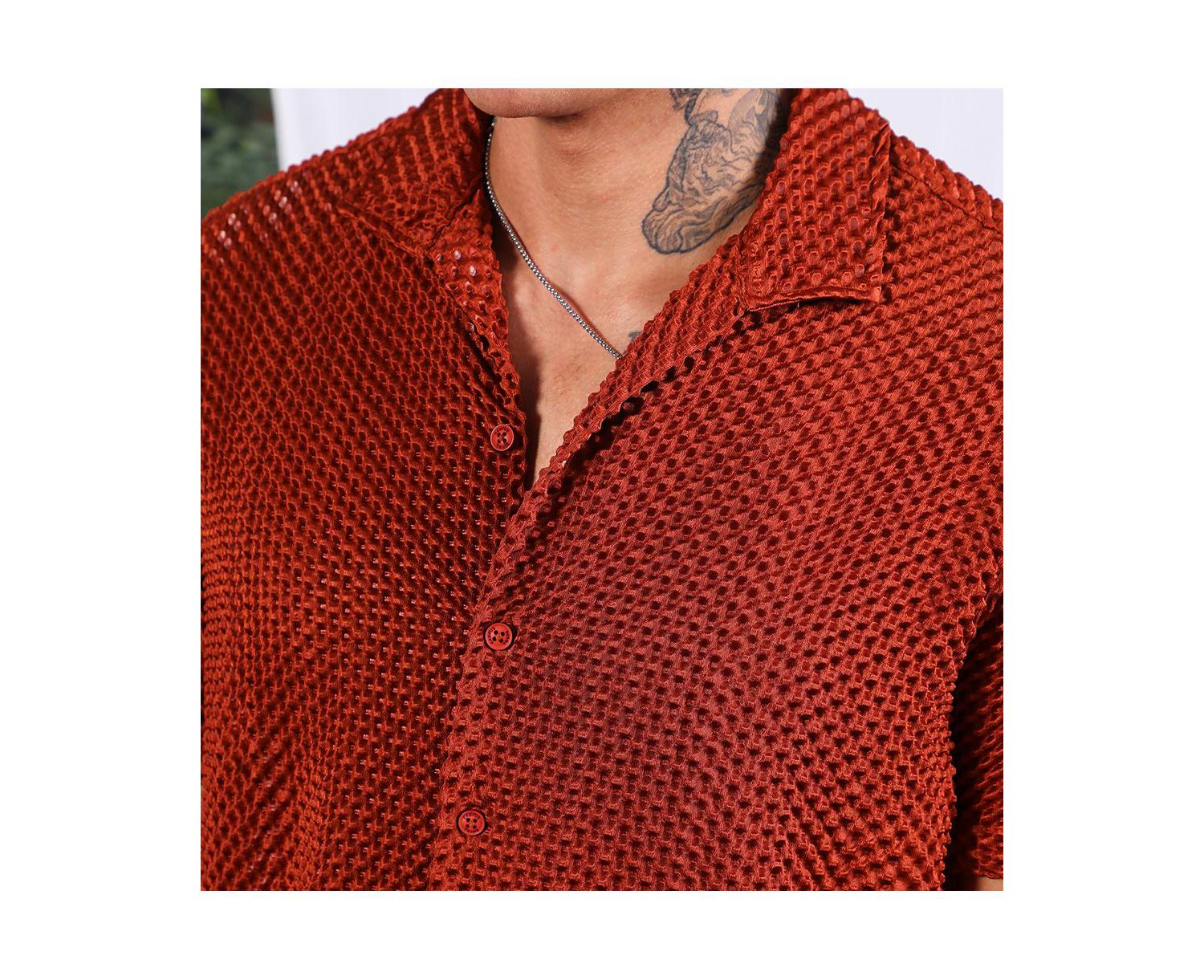 Men's Terracotta Brown Puffy-Textured Shirt