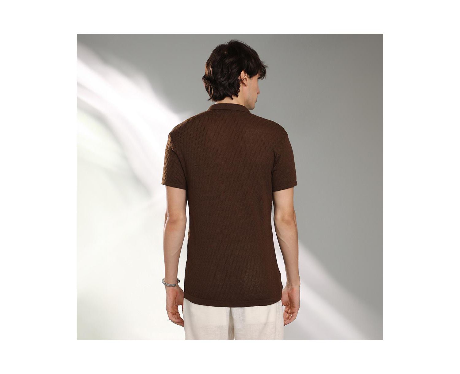 Men's Taupe Brown Rhombus-Textured Knit Shirt