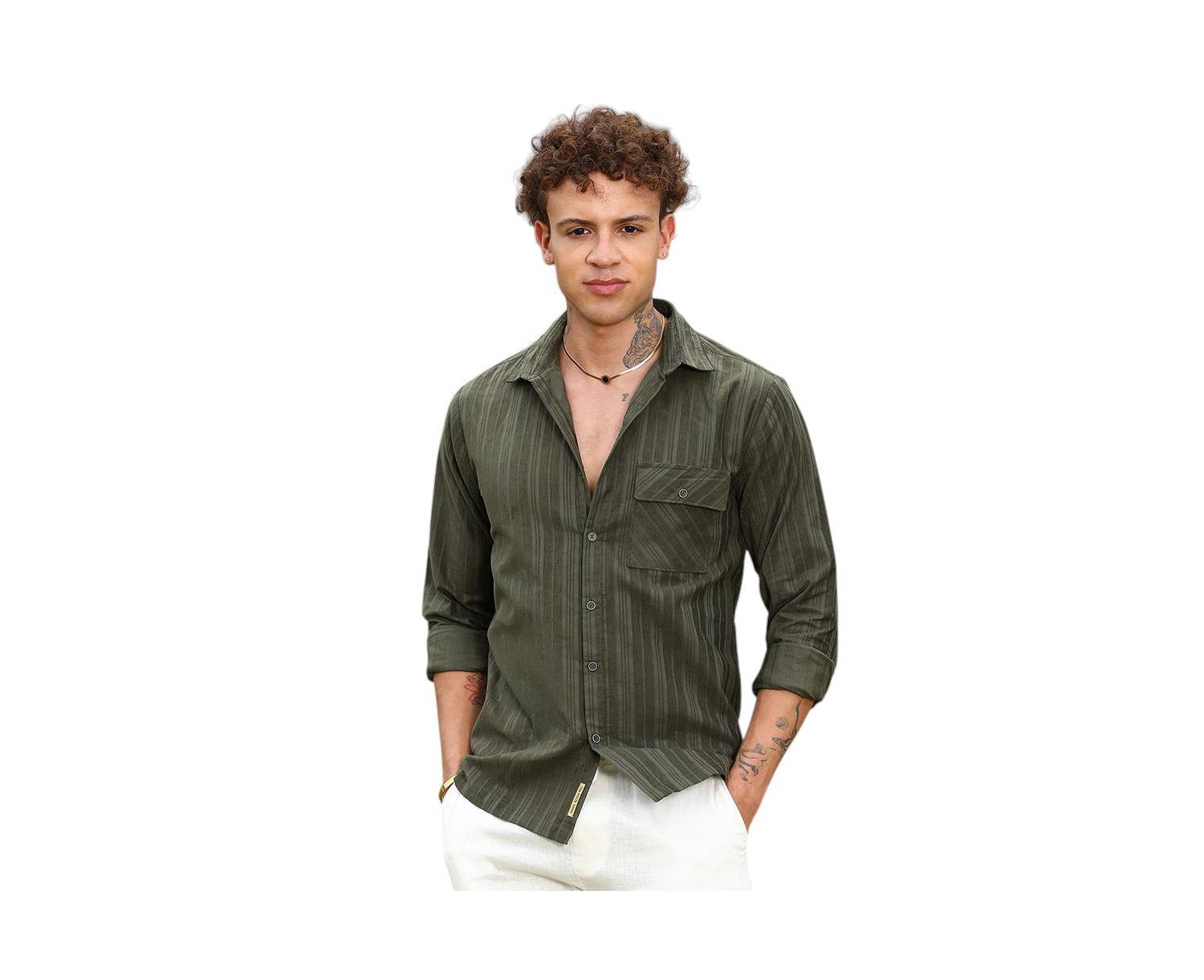 Men's Fern Green Multitrack-Striped Shirt