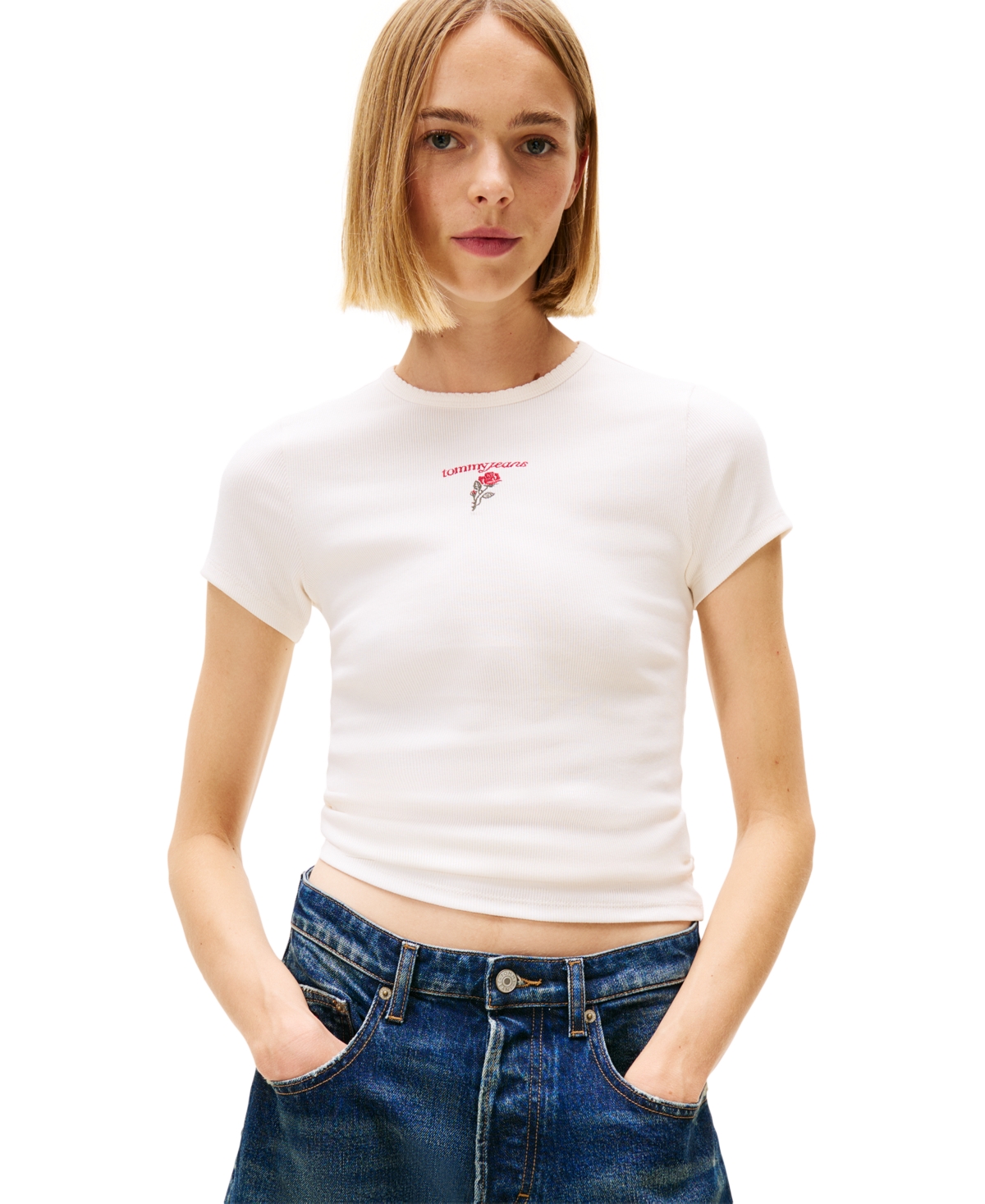 Tommy Jeans Women's Slim Rose Logo Ribbed Short-Sleeve T-Shirt