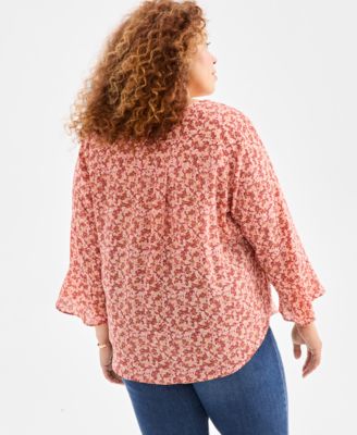 Plus Size Printed Pintuck V-Neck Top, Macy's Exclusive