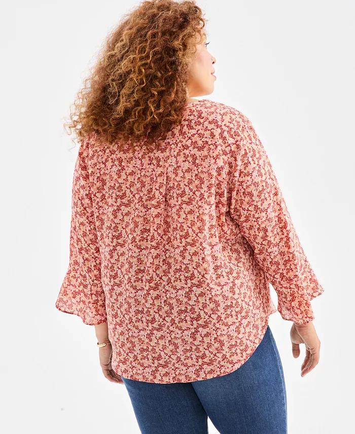 Plus Size Printed Pintuck V-Neck Top - thumbnail 2