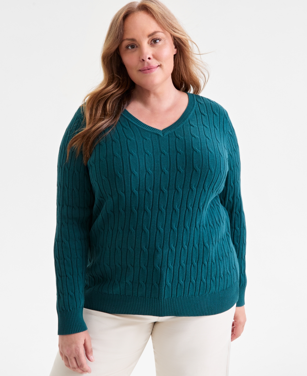 Style & Co Plus Size Cotton Cable-knit V-neck Sweater, Macy's Exclusive In Green