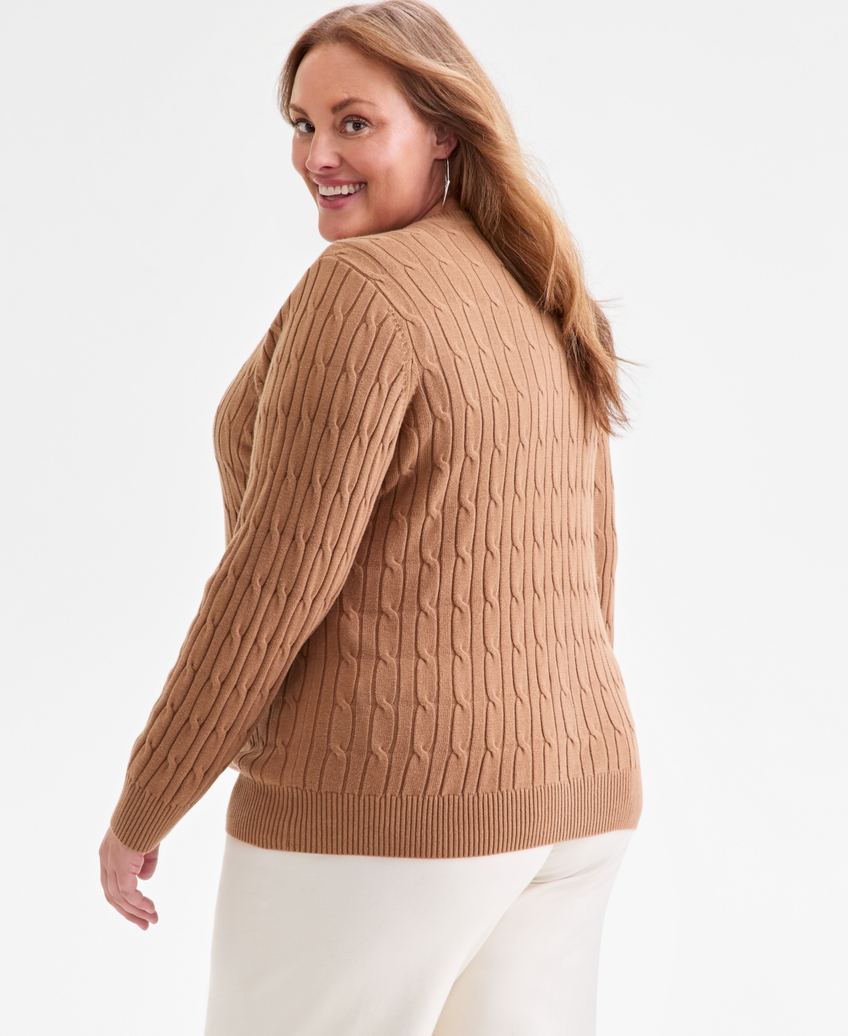 Style & Co Plus Size Cotton Cable-knit Crewneck Sweater, Macy's Exclusive In Brown
