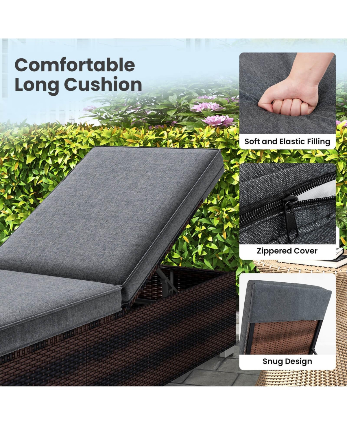 Gymax 2 Pcs Outdoor Chaise Lounge w/ Long Seat Cushion Heavy-Duty Metal Frame