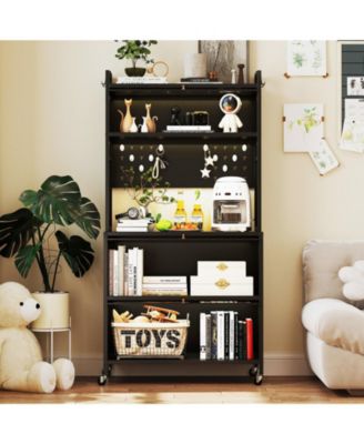 5 Tier Kitchen Bakers Rack with Lights Multifunctional Microwave Stand with Flip Door Cabinets