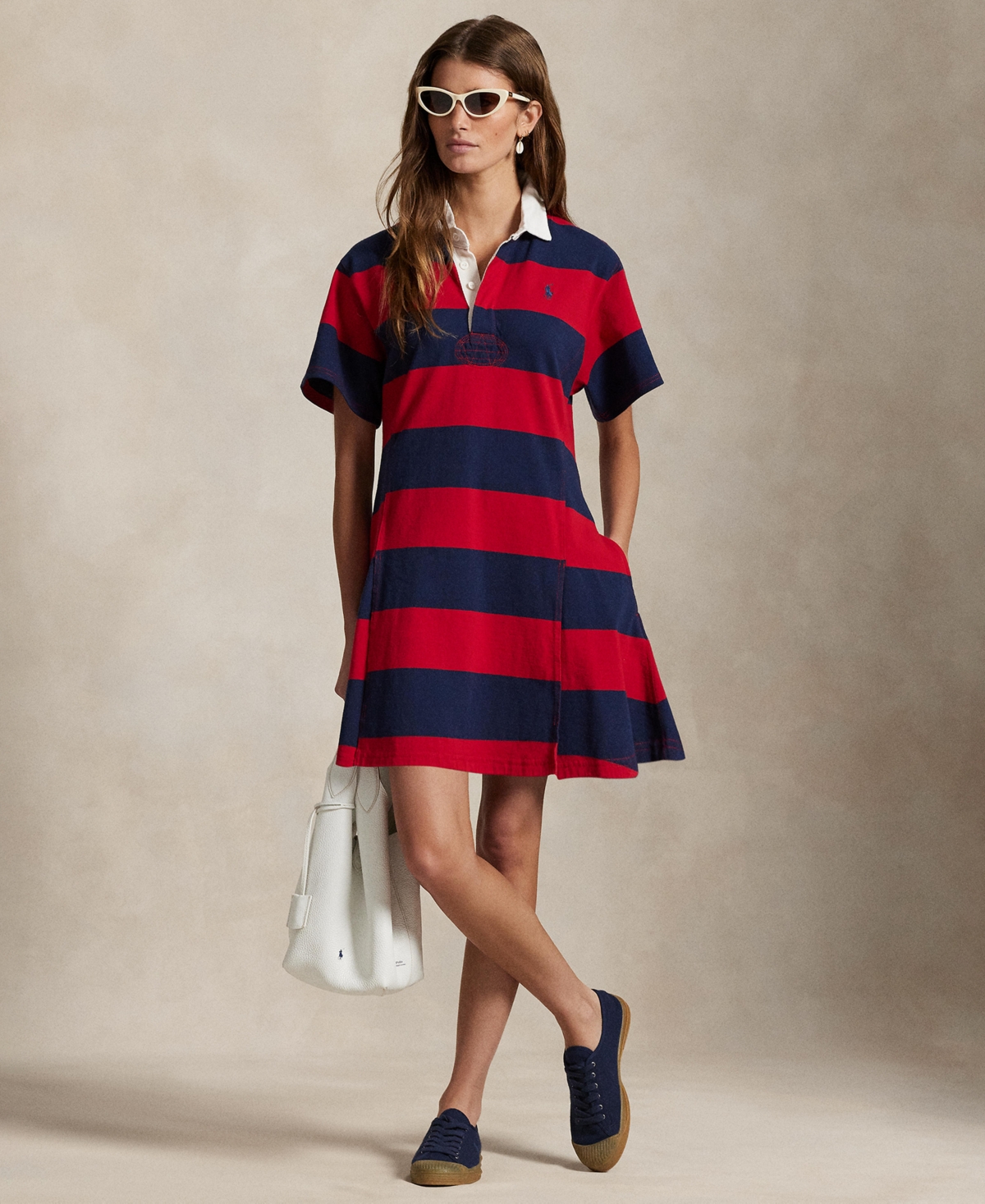 Polo Ralph Lauren Short Sleeve Stripe Cotton Rugby Dress In Red
