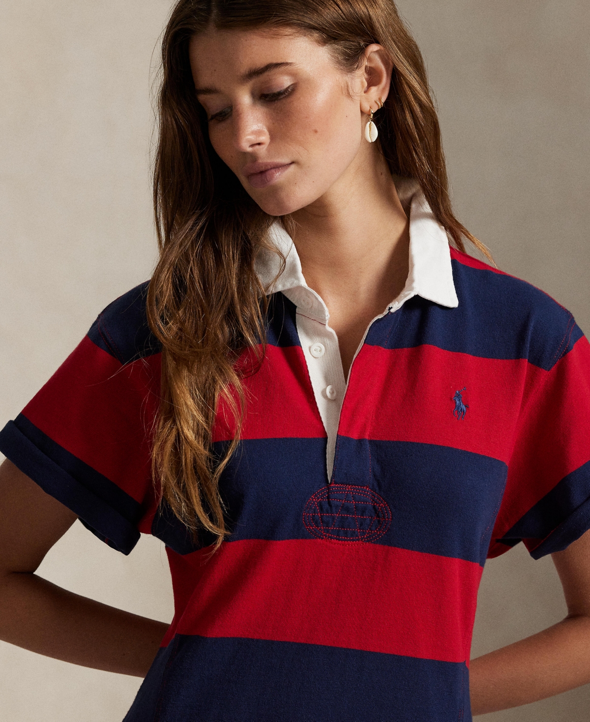 Polo Ralph Lauren Short Sleeve Stripe Cotton Rugby Dress In Red