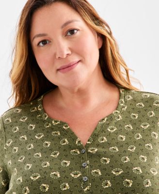 Plus Size Printed 3/4-Sleeve Henley Top, Macy's Exclusive