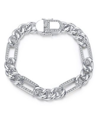 Men's Sterling Silver White Gold Plated with Iced Out Cubic Zirconia Paper Clip Curb Chain Bracelet