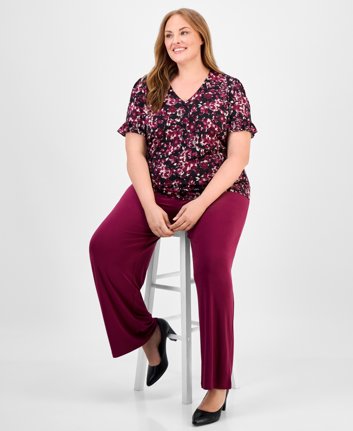 Ak Anne Klein Plus Size Floral-print V-neck Top