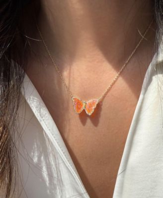 Butterfly Necklace with Lab-Grown Opal in Plated Sterling