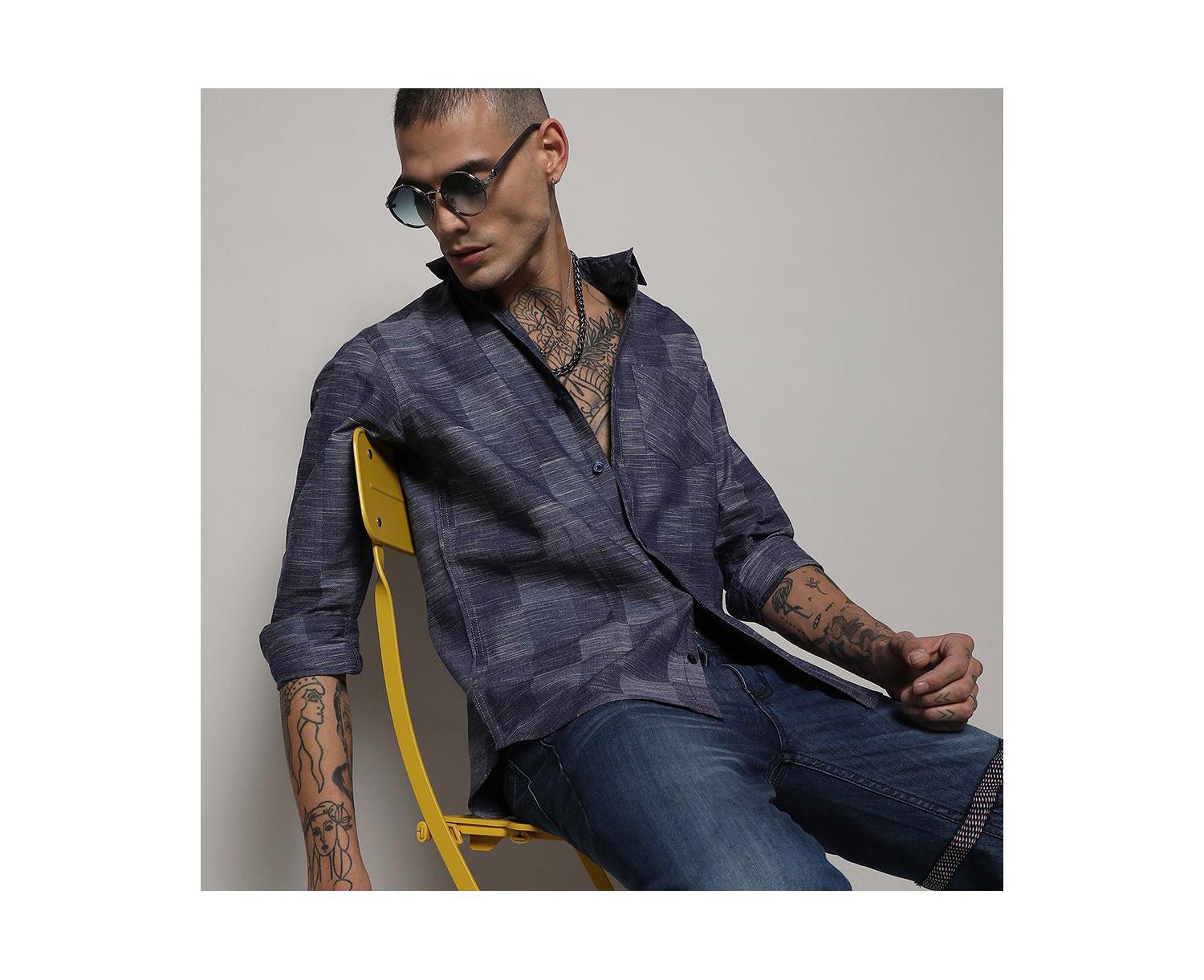 Men's Steel Blue Heathered Denim Check Shirt