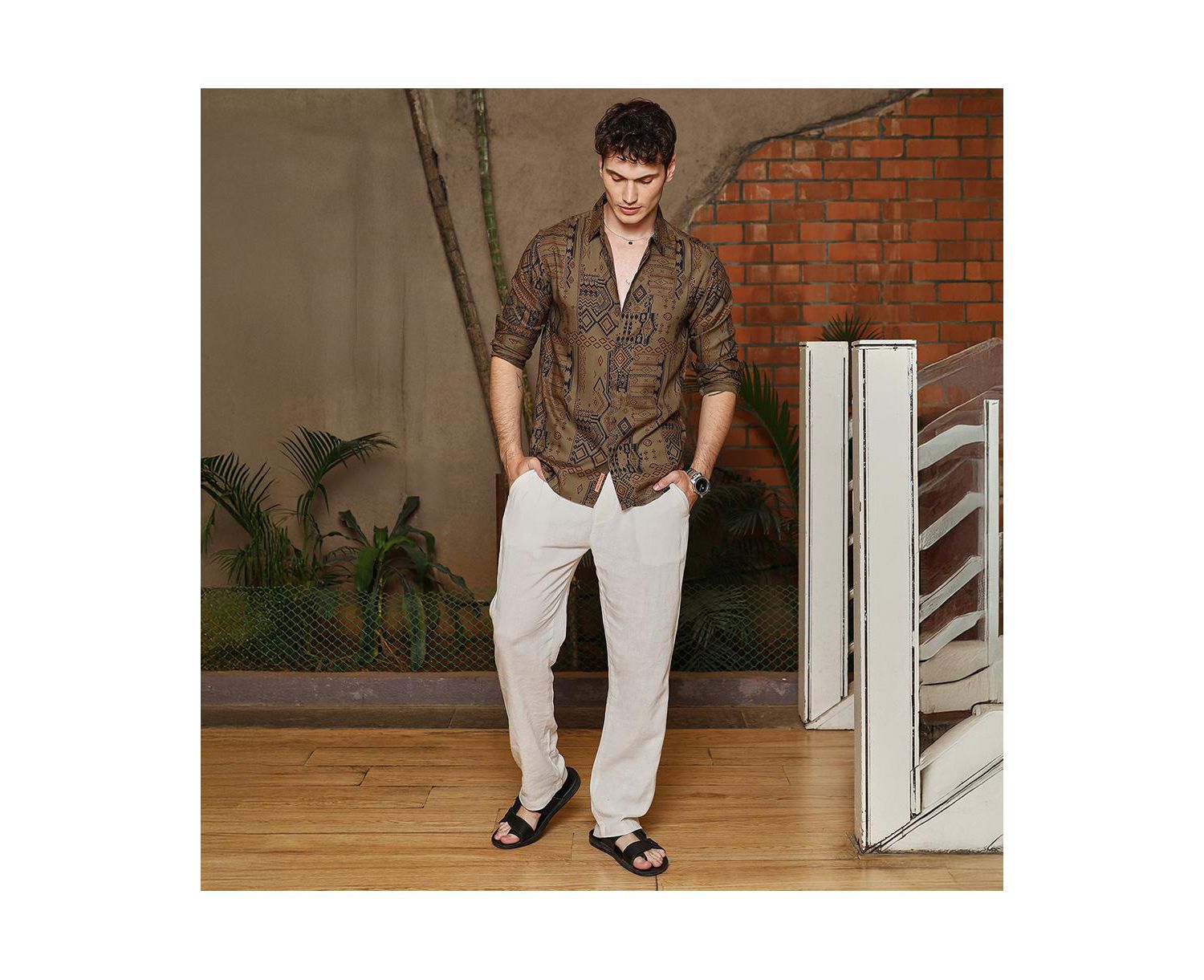 Men's Peanut Brown Aztec-Imprint Shirt