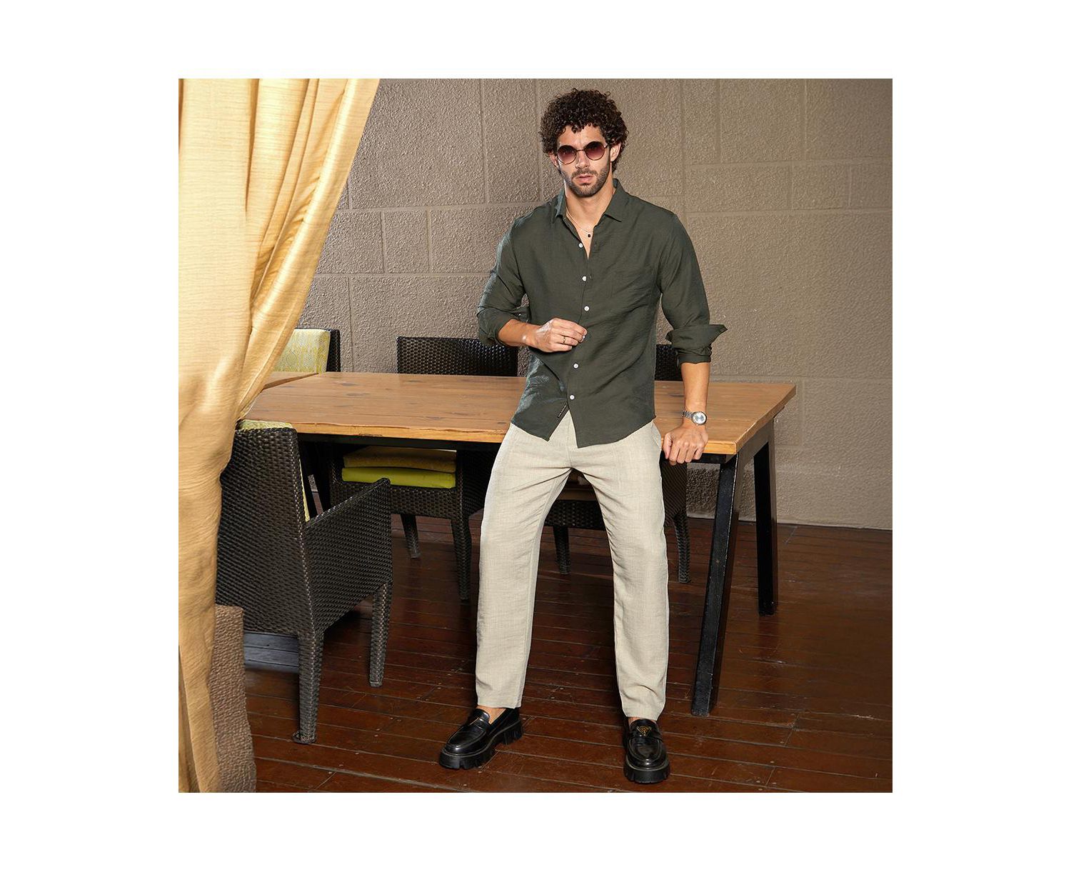 Men's Olive Green Breezy Wrinked Relaxed Shirt