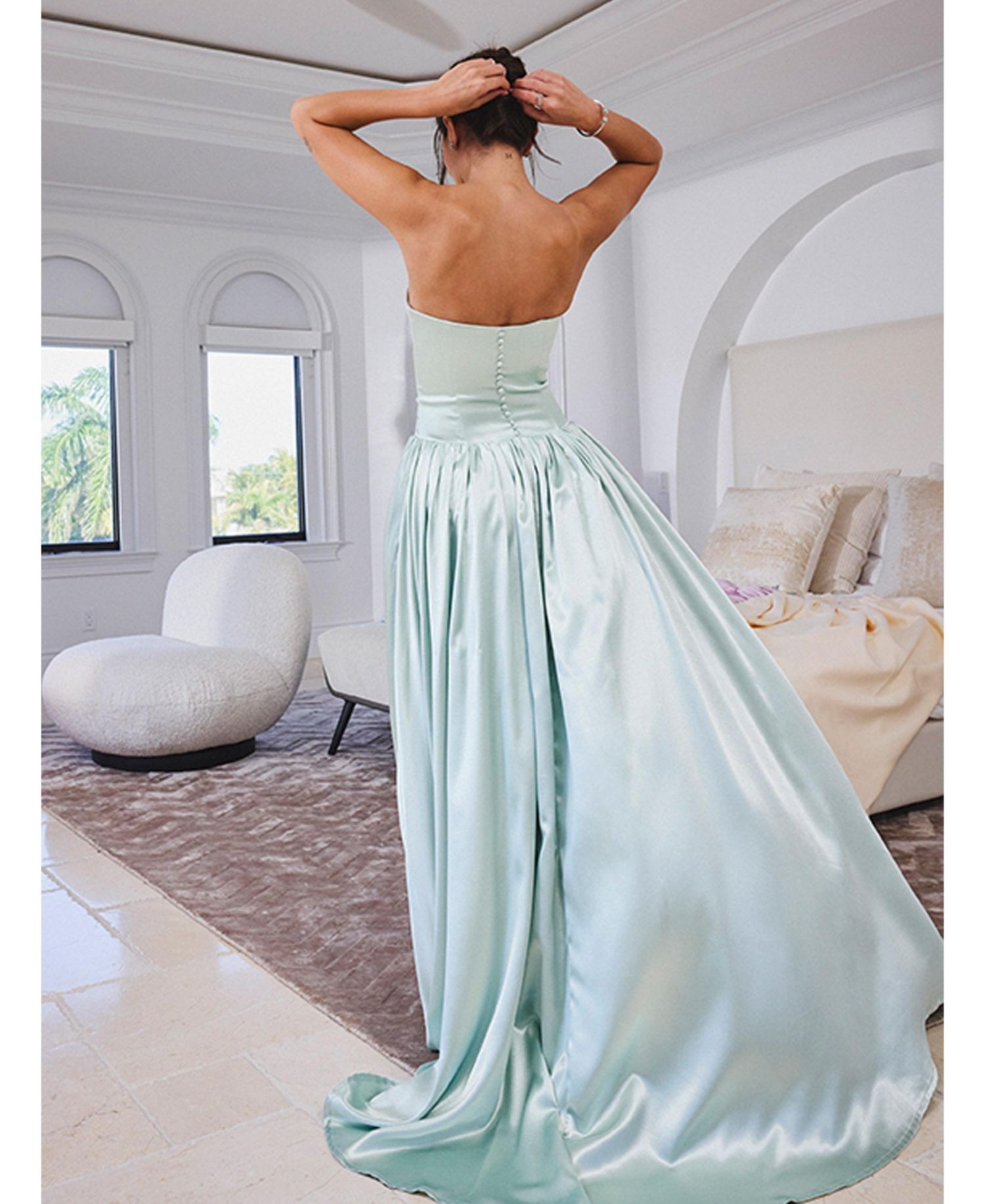 Women's Lael Mint Green Back Button Trailing Gown