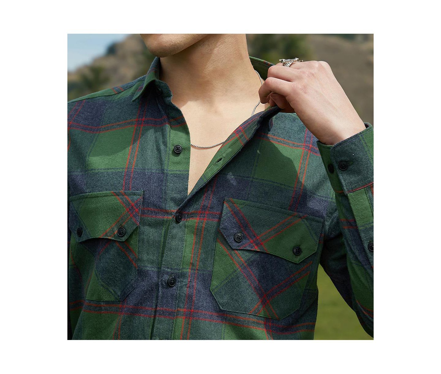 Мужская рубашка Cahoot Campus Sutra Forest Green & Indigo Blue Buffalo Check Utility, цвет: Зелёный — фото 7