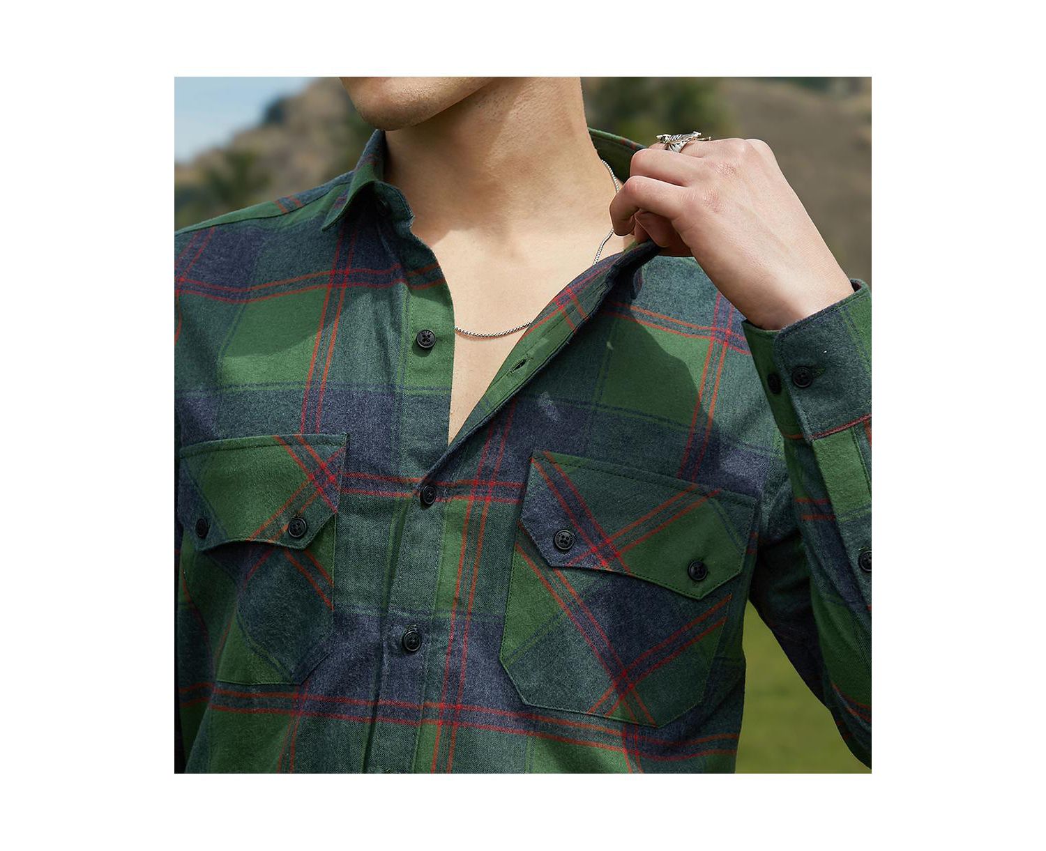 Men's Forest Green & Indigo Blue Buffalo Check Utility Shirt