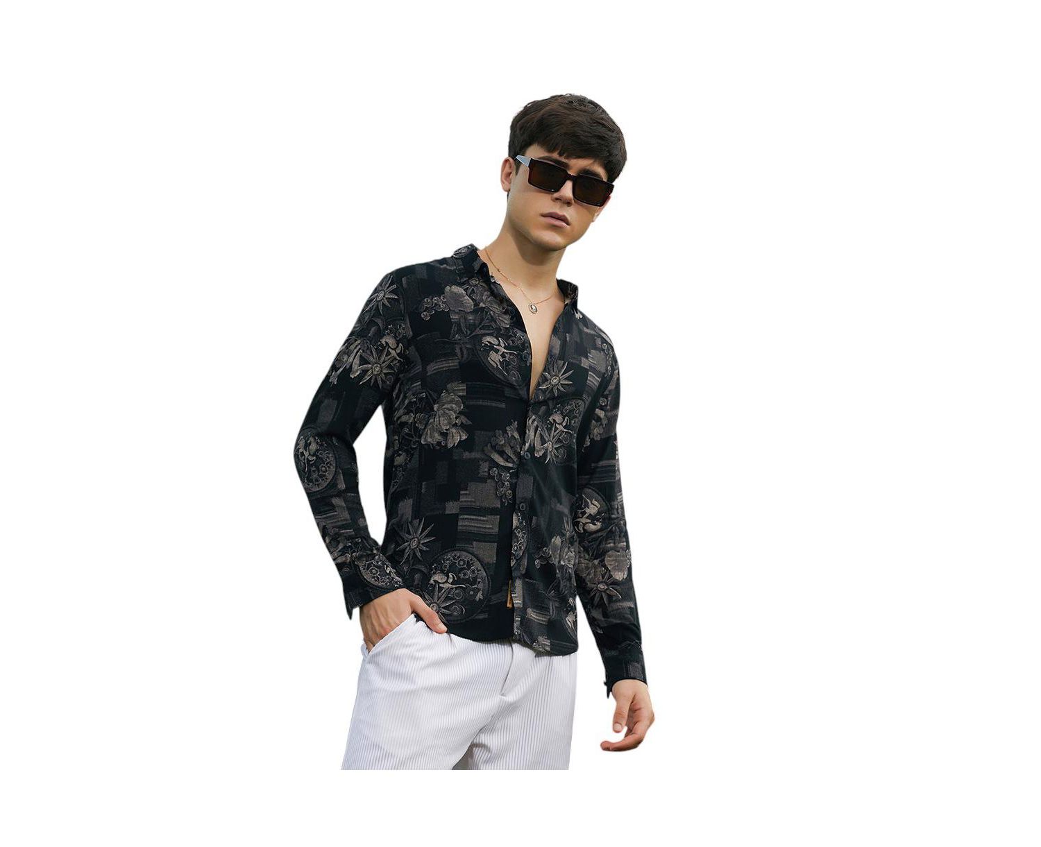 Men's Midnight Black Bloom-Imprint Shirt