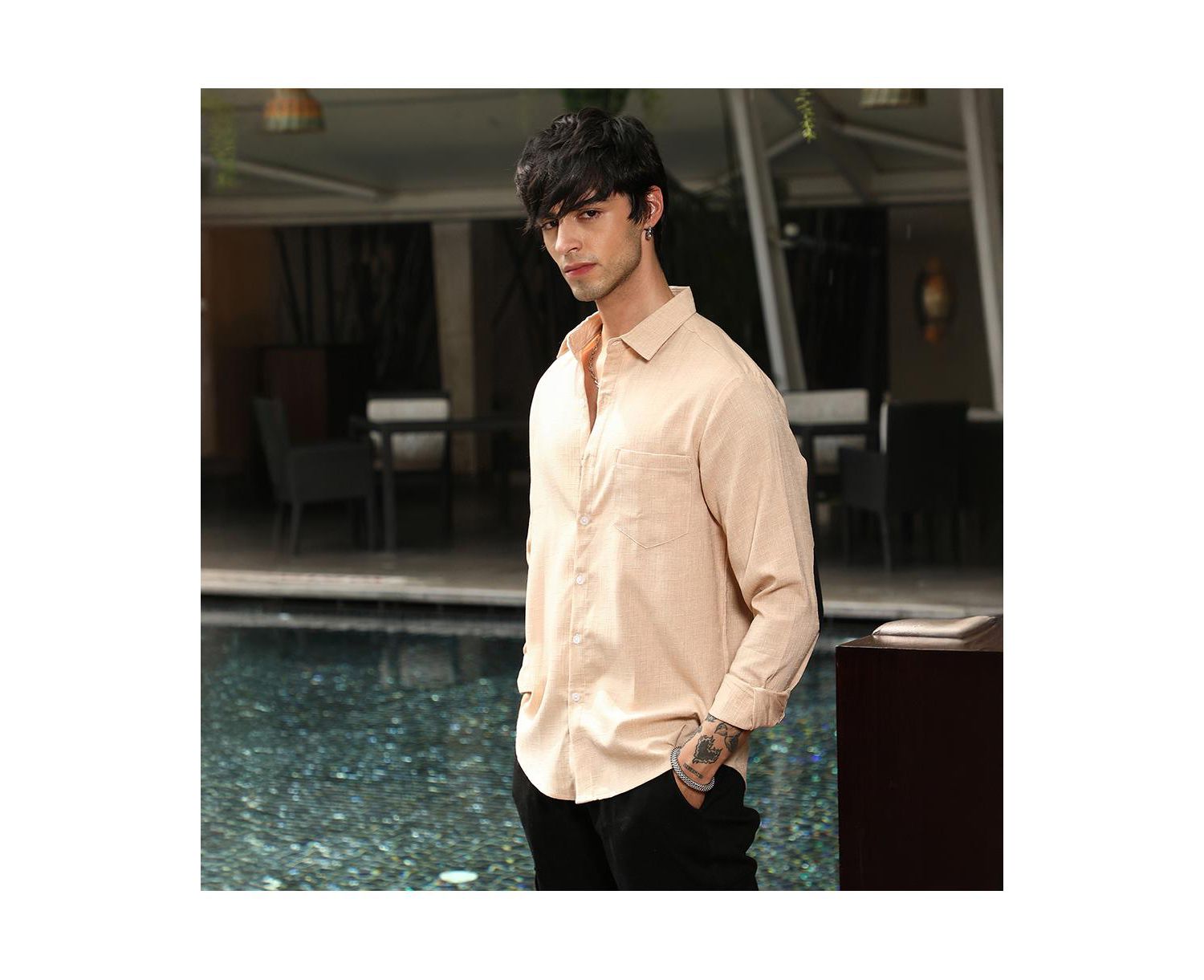 Men's Ecru Beige Solid Relaxed Shirt