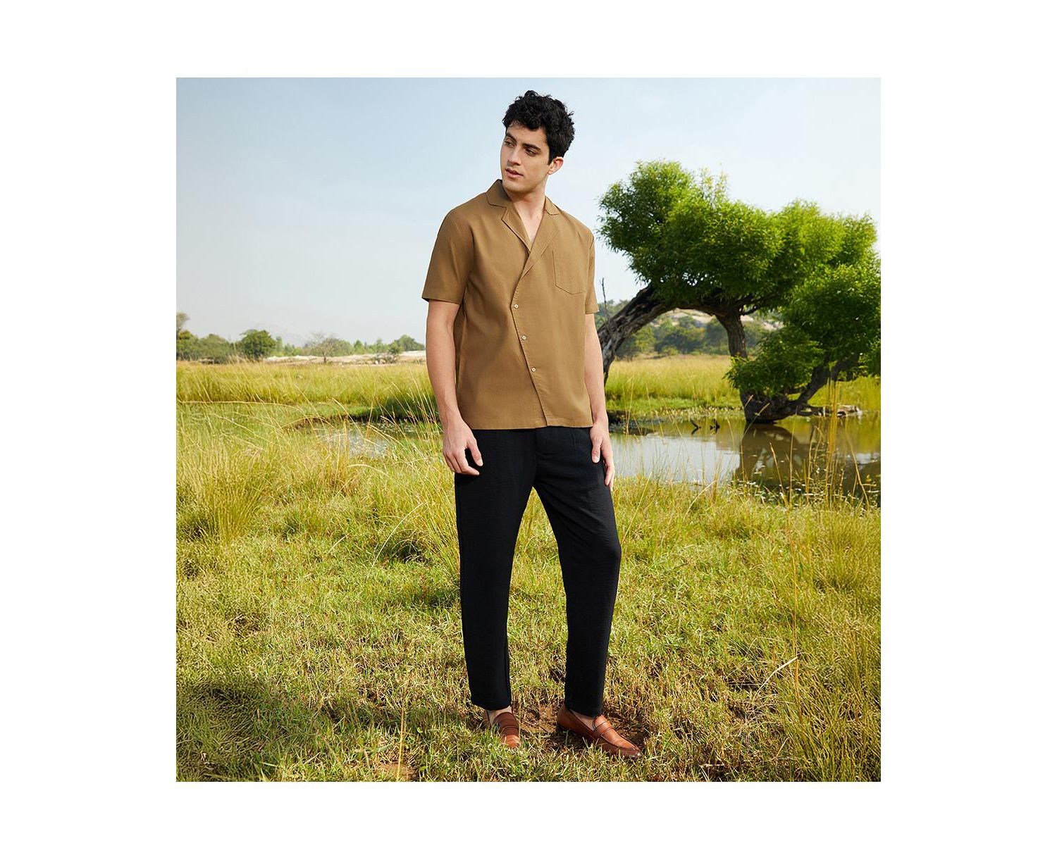 Men's Camel Brown Asymmetrical Cuban Shirt