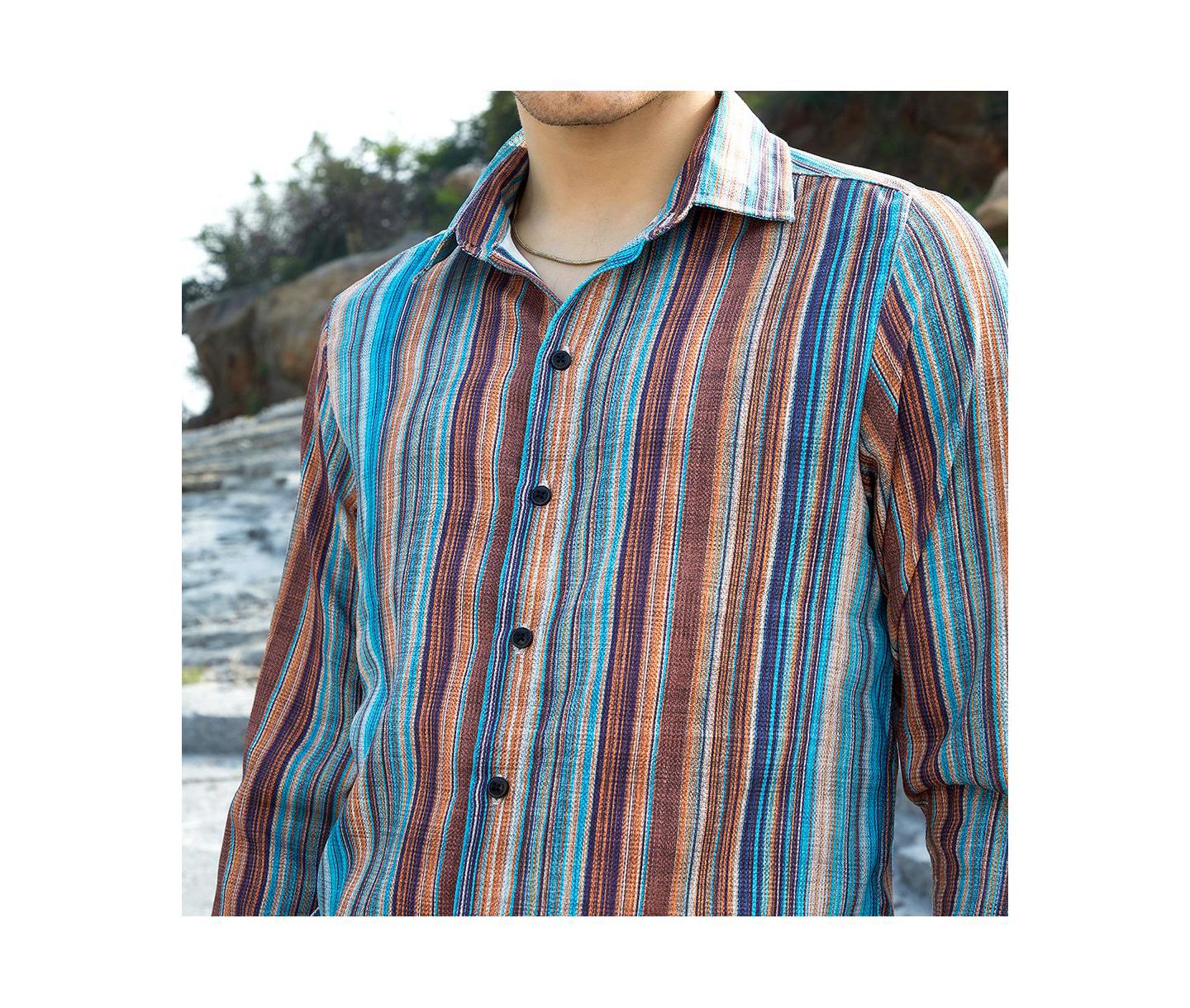 Мужская рубашка Cahoot Campus Sutra Azure Blue & Chocolate Brown Multitrack-Striped, цвет: Синий — фото 7