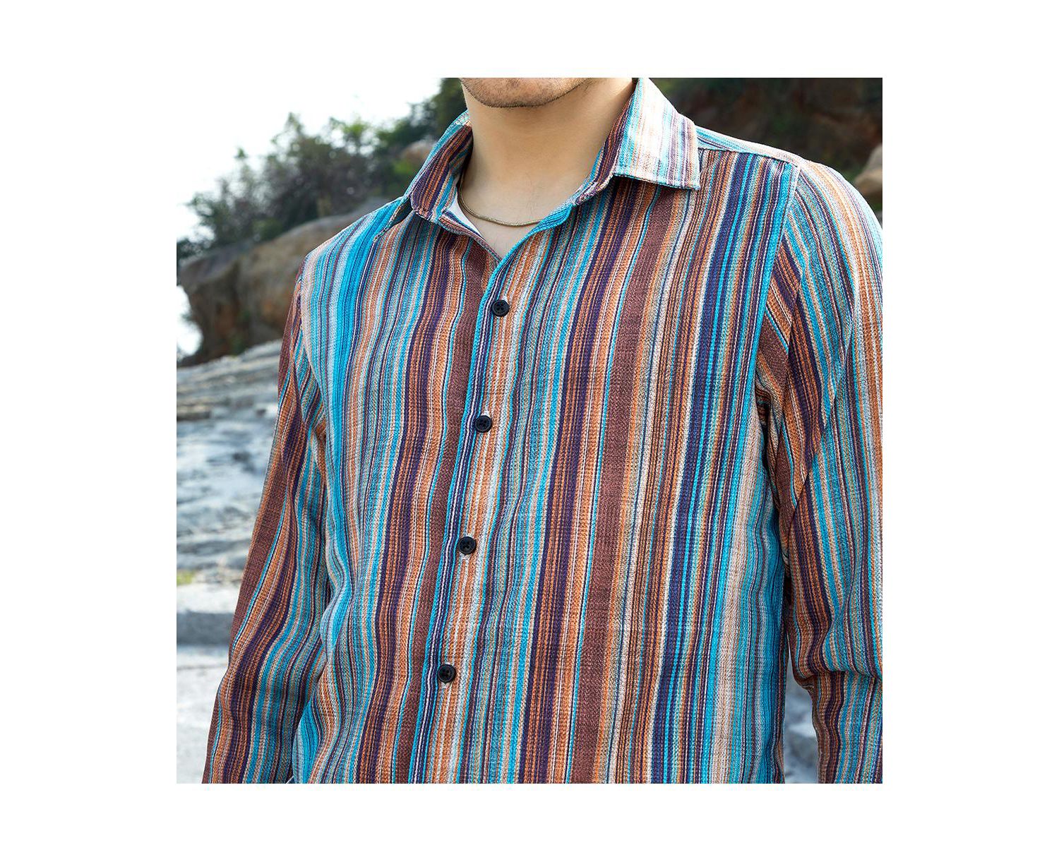 Men's Azure Blue & Chocolate Brown Multitrack-Striped Shirt