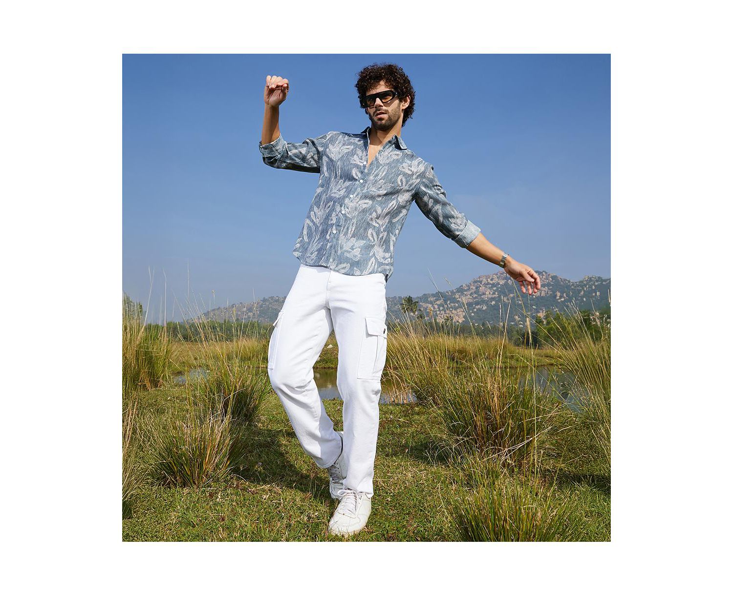 Men's Steel Blue Stroked-Petals Shirt